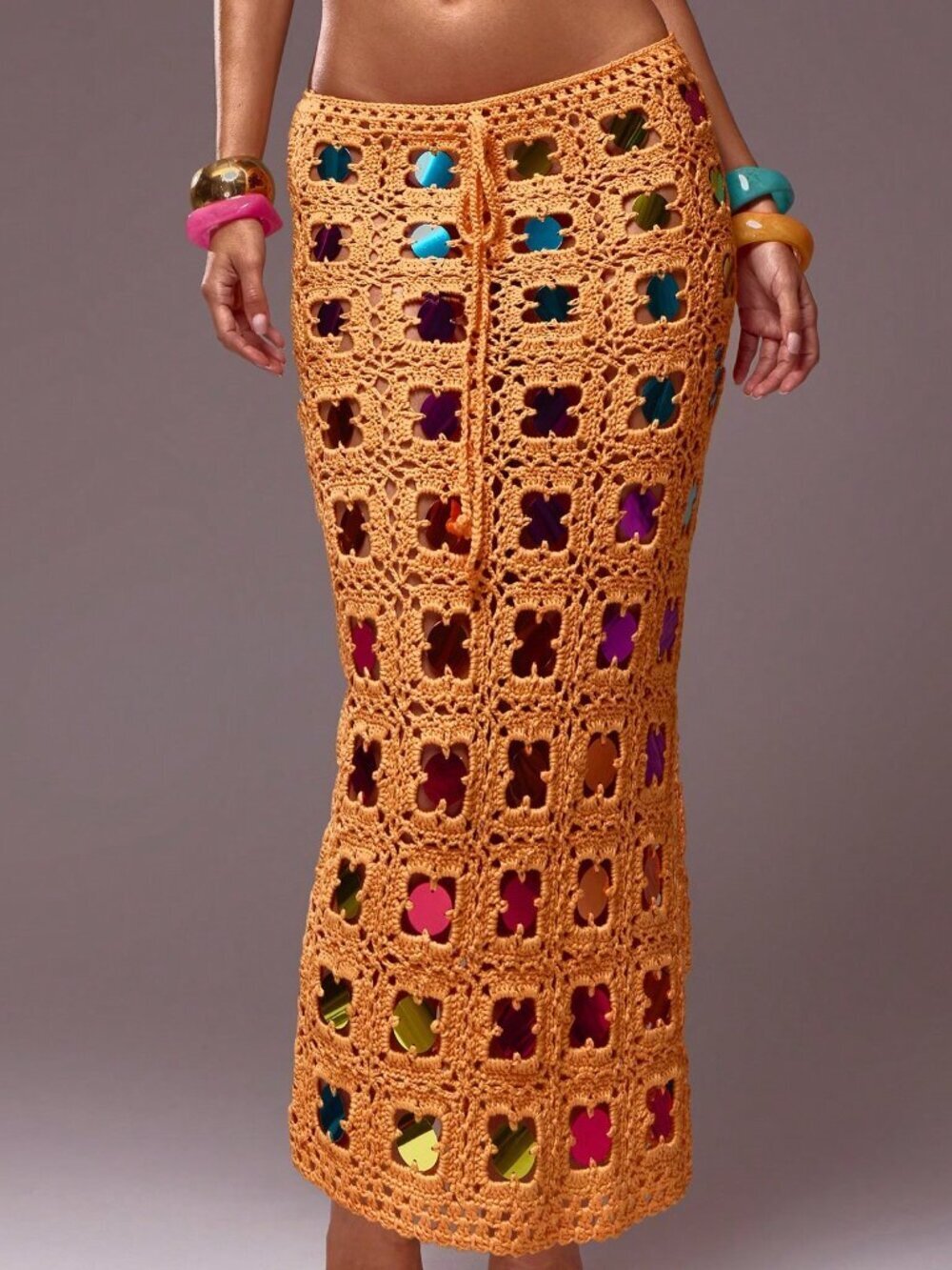 Multicolor Elegant Women's Crochet Knit Sequin Maxi Skirt